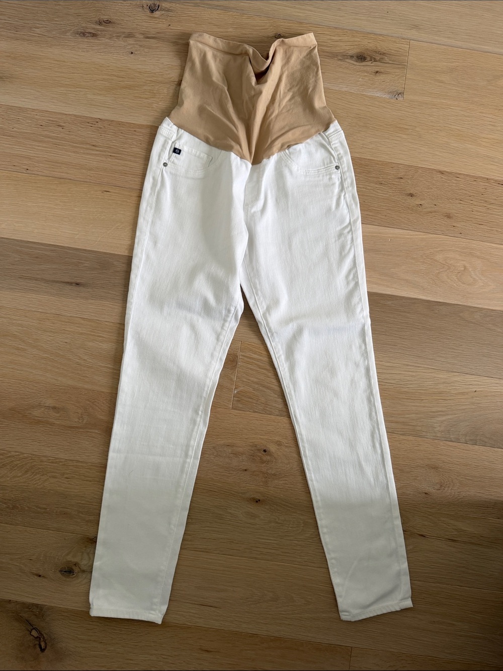 AG Maternity High-Waist White Jeans with Beige Support Panel